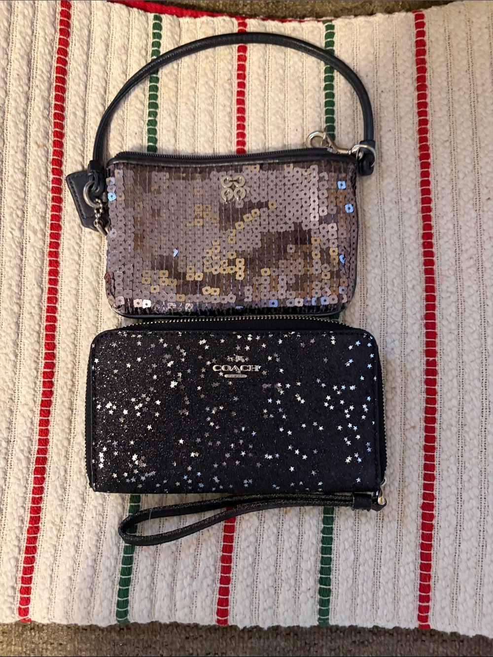 Coach Black Star Glitter Wristlet with Gold Sequin Pouch